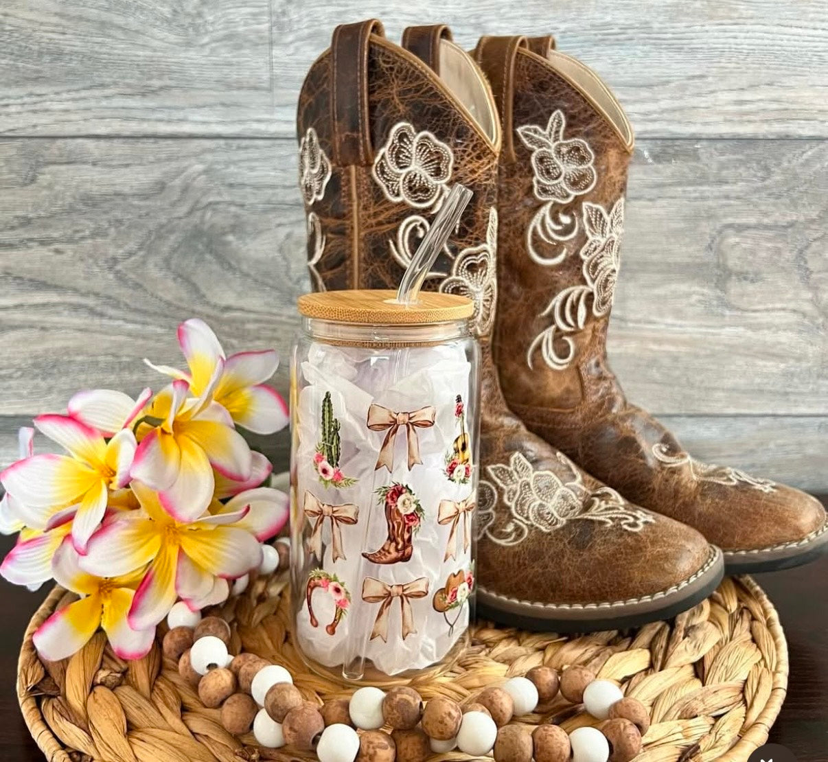 Country Boots, Bows & Flowers Glass Cup 16 oz | Aesthetic Drinkware