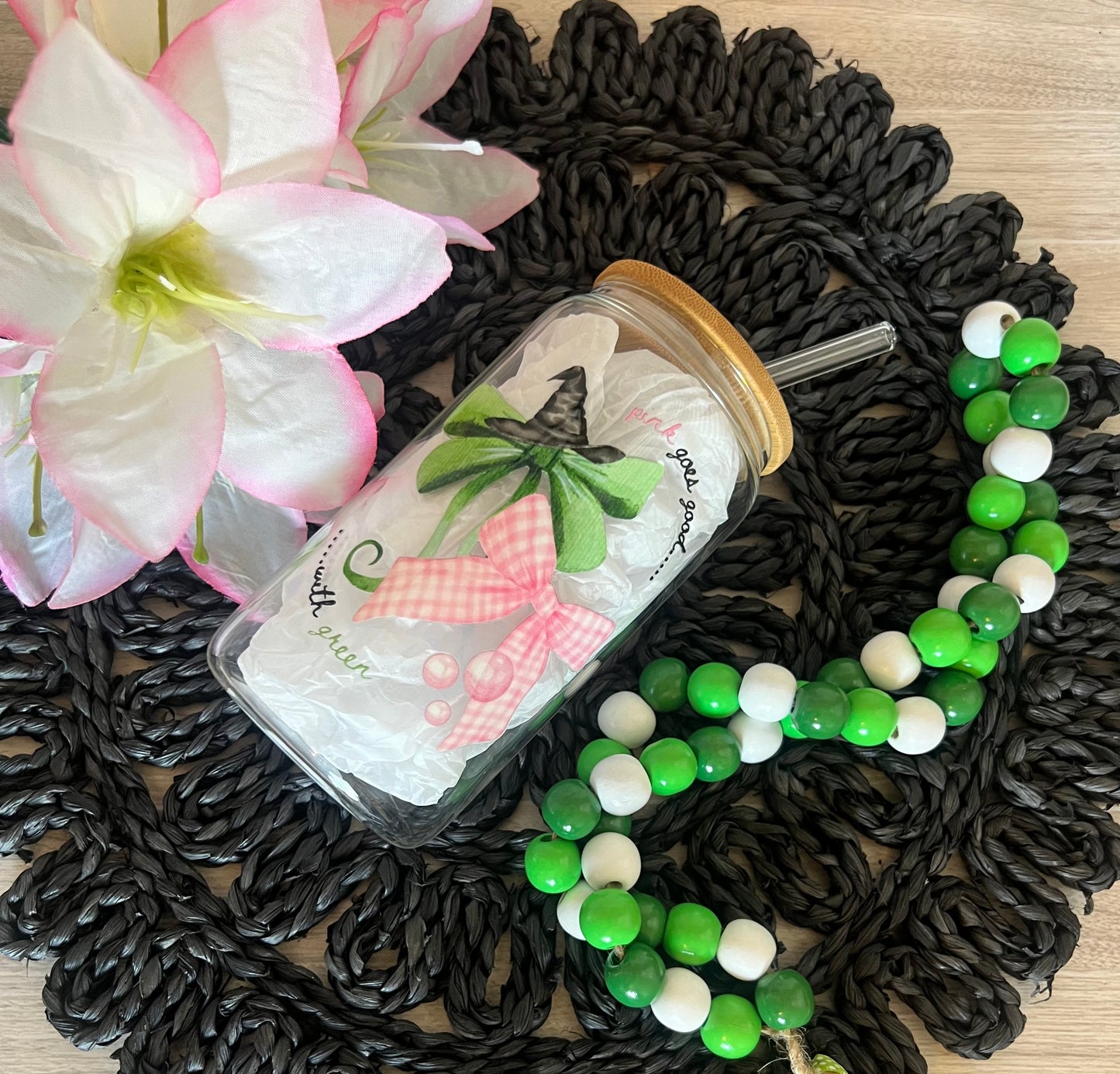 WICKED-Inspired “Pink Goes Good with Green” Glass Cup 16 oz | Aesthetic Glassware