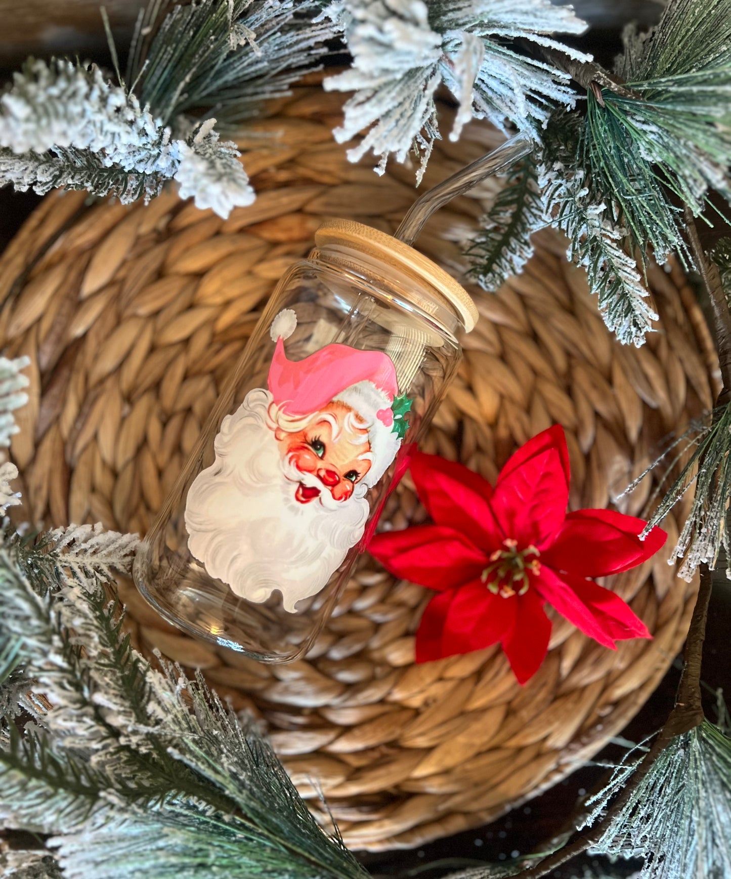 Vintage Santa Glass Can Cup 16 oz | Aesthetic Glassware (Pink Hat)