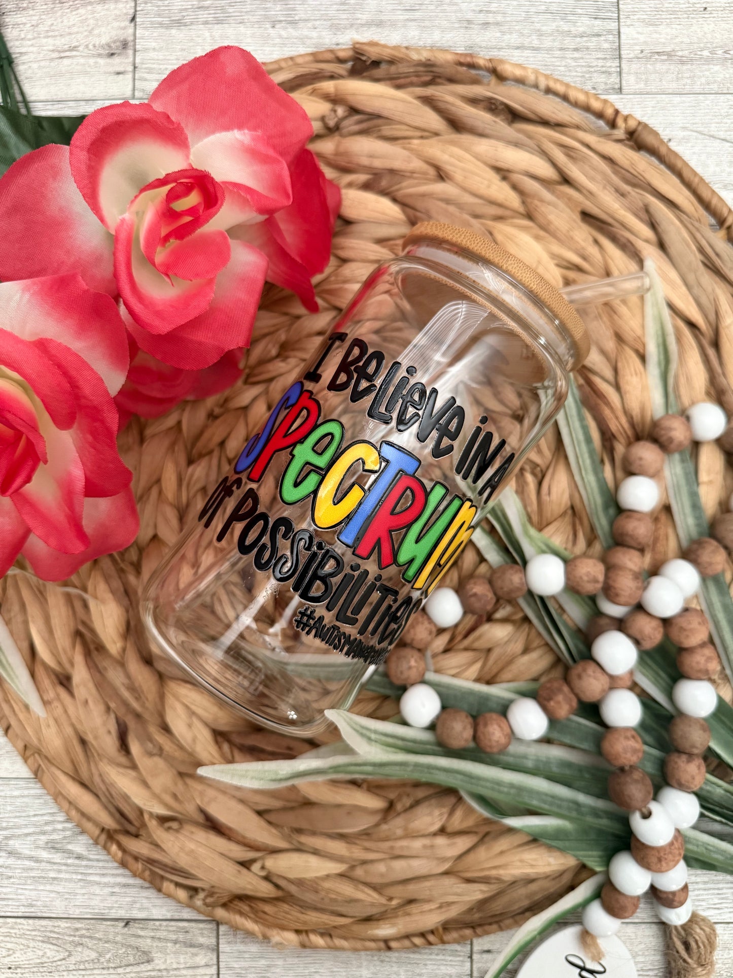 I Believe in a SPECTRUM of Possibilities - Autism Awareness Glass Cup 16 oz | Aesthetic Drinkware
