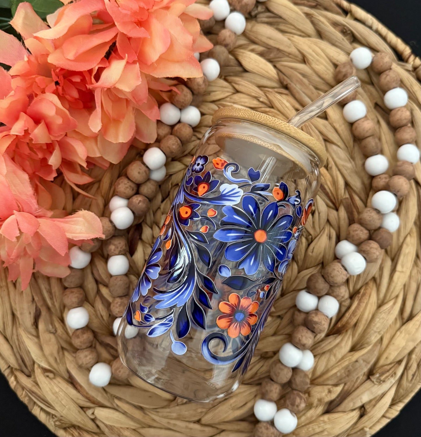 Spanish Floral Tile 16oz Glass Cup | Aesthetic Drinkware
