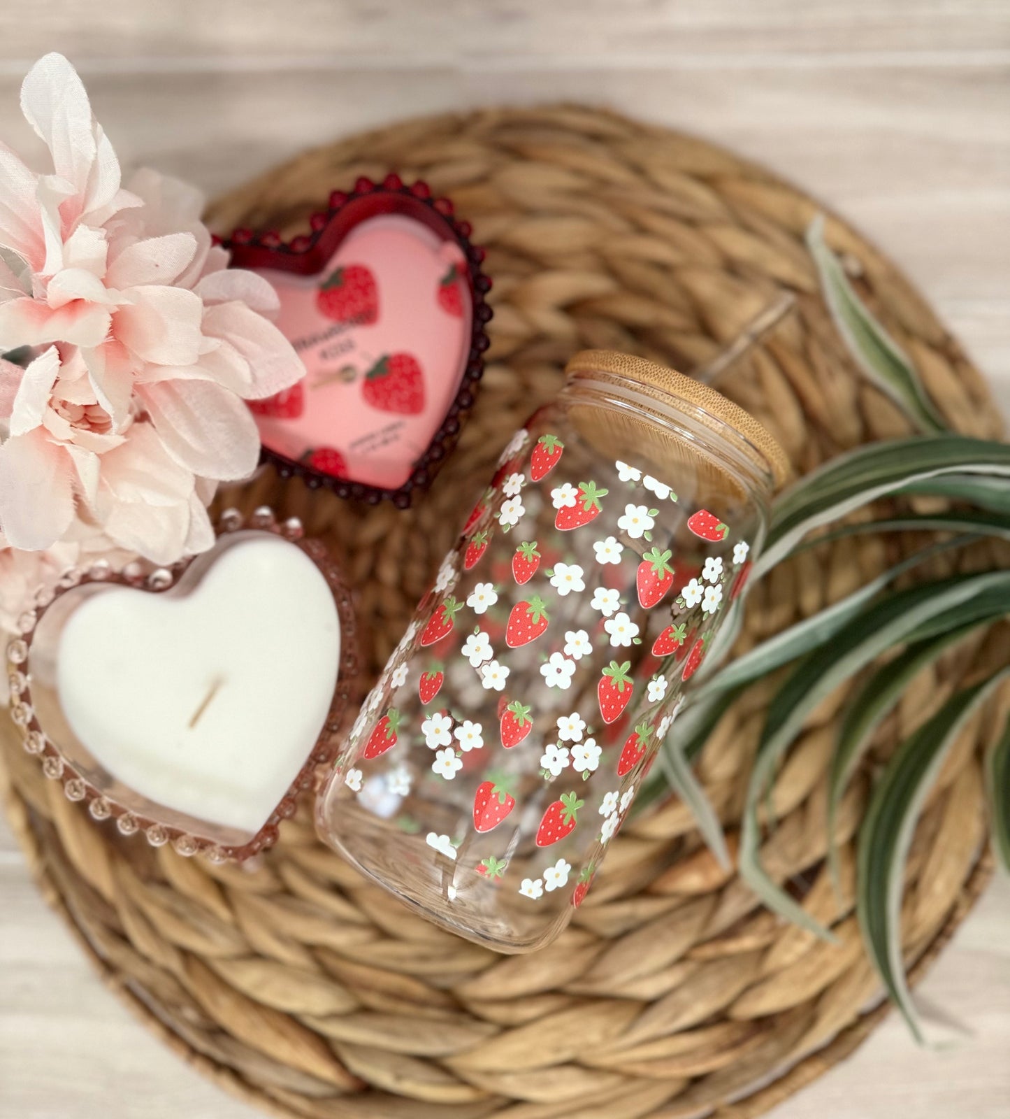 Strawberry & Flowers 16 oz Glass Cup | Aesthetic Drinkware
