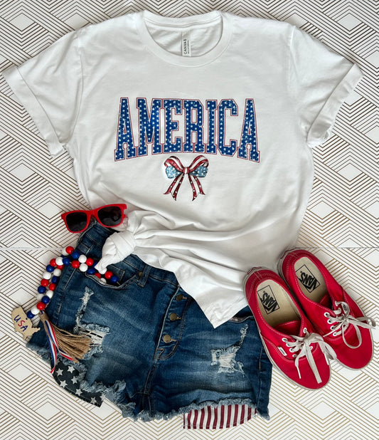 America - Red, White & Blue Bow Tshirt