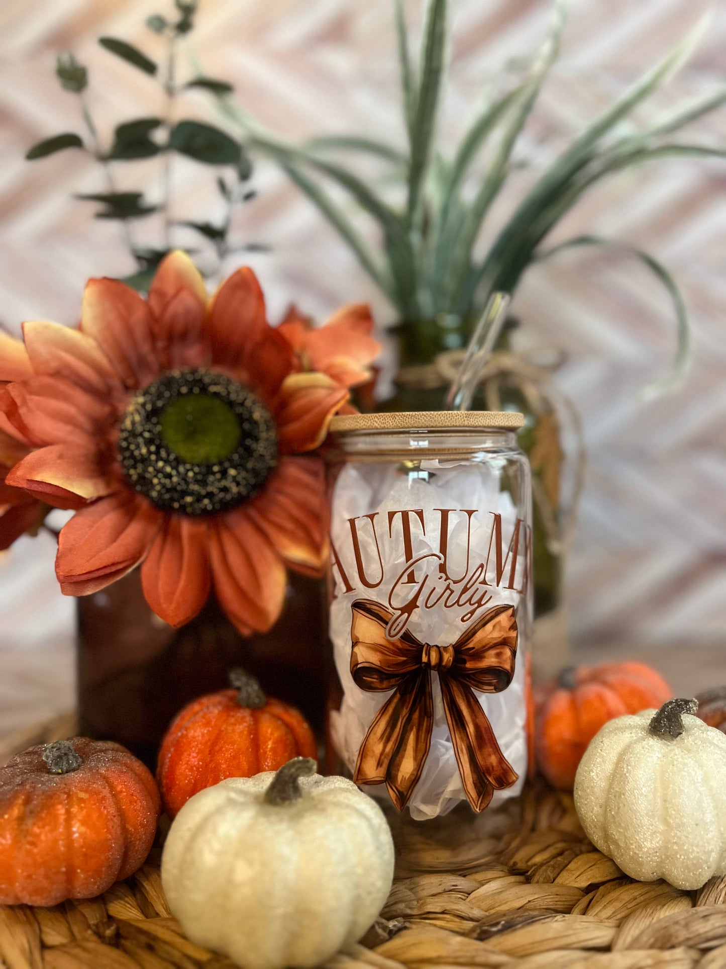 Autumn Girly Brown Bow Glass Cup 16 oz | Aesthetic Drinkware