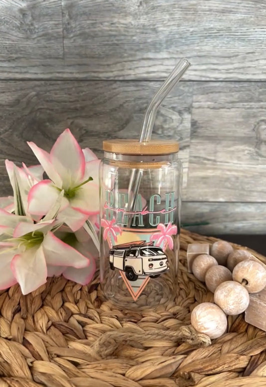 Beach Vibes Van Glass Cup 16 oz | Aesthetic Drinkware