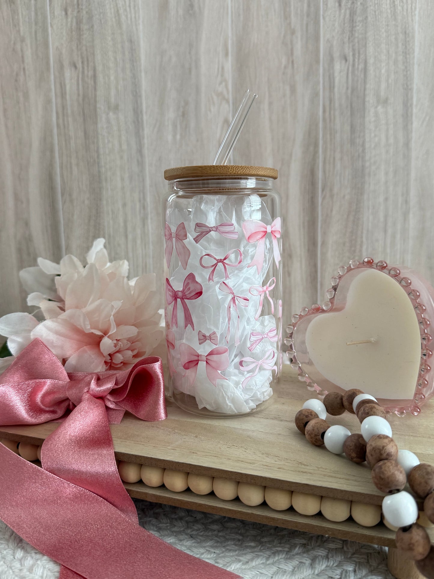 Pink Bow Croquette Glass Cup 16oz | Aesthetic Drinkware