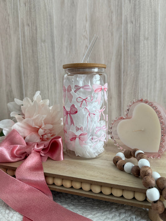 Pink Bow Croquette Glass Cup 16oz | Aesthetic Drinkware