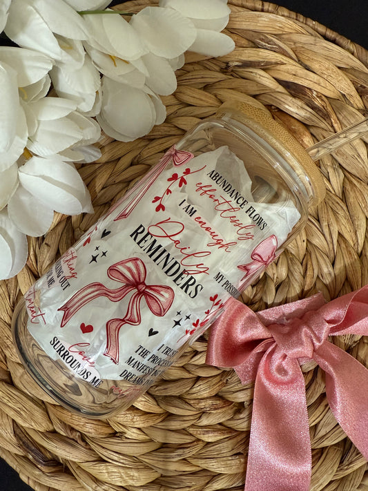 Pink Bow Daily Affirmation Messages Cup 16oz | Aesthetic Drinkware