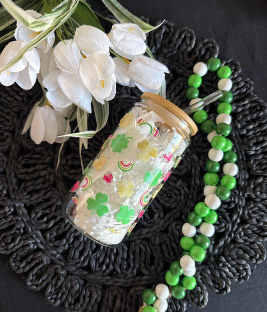 Lucky Charm Clover & Rainbow Glass Cup 16oz | Aesthetic Drinkware
