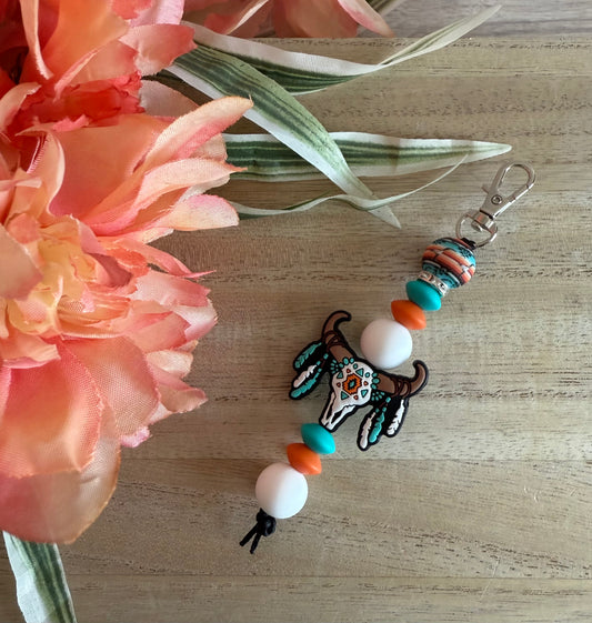 Native Skull with Feathers - Western Beaded Keychain