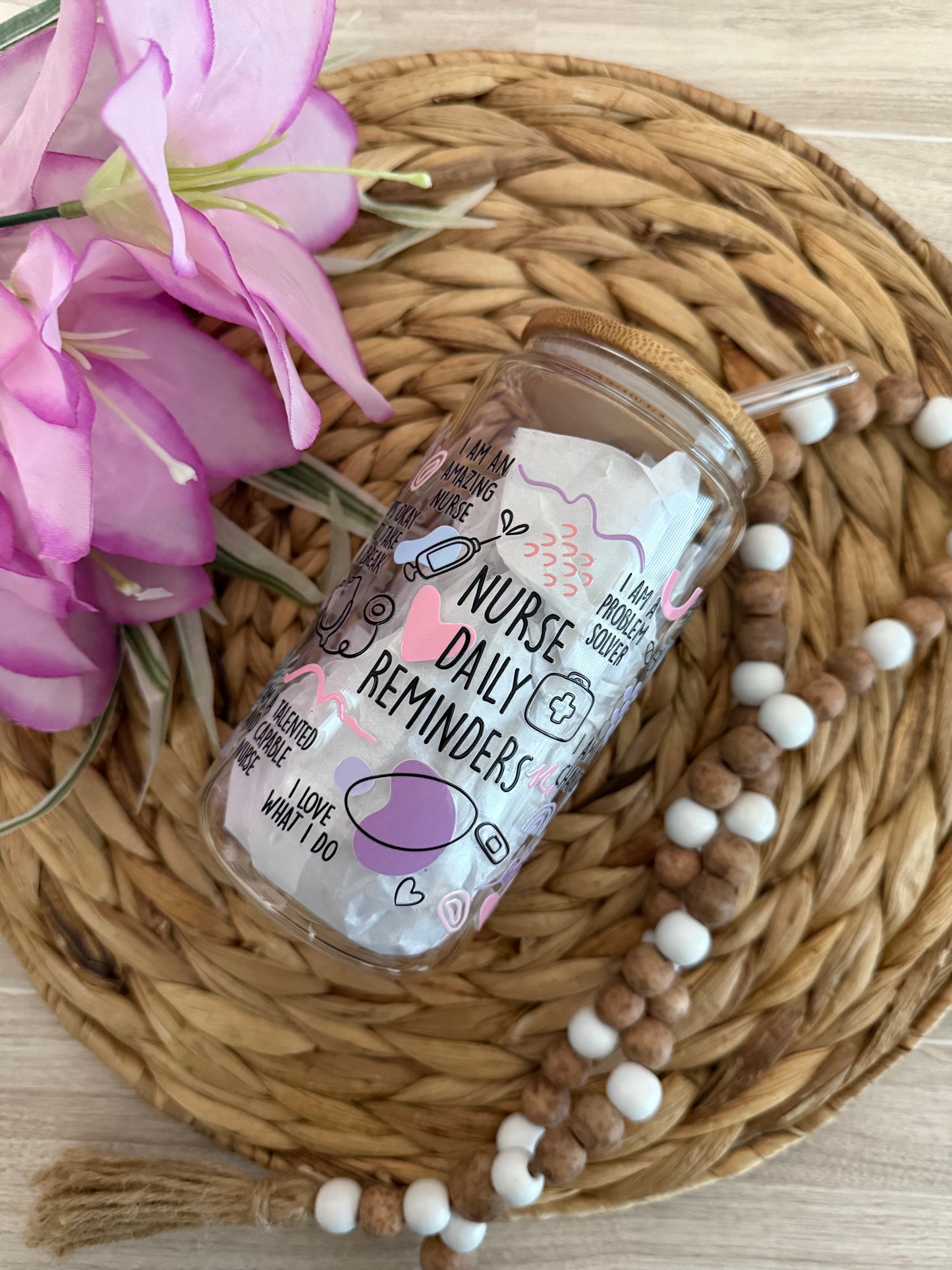 Nurse Daily Reminders Glass Cup 16oz | Aesthetic Drinkware