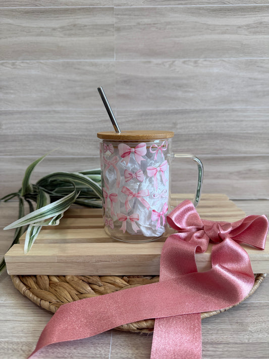 Pink Croquette Bows {Clear} Glass Mug 16 oz | Aesthetic Drinkware