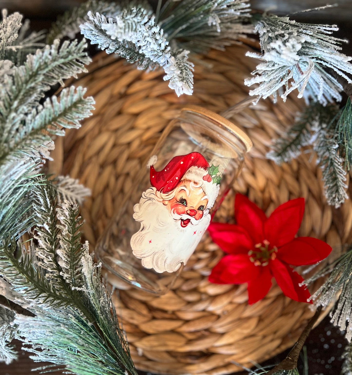 Vintage Santa Glass Can Cup 16 oz | Aesthetic Glassware (Red Hat)