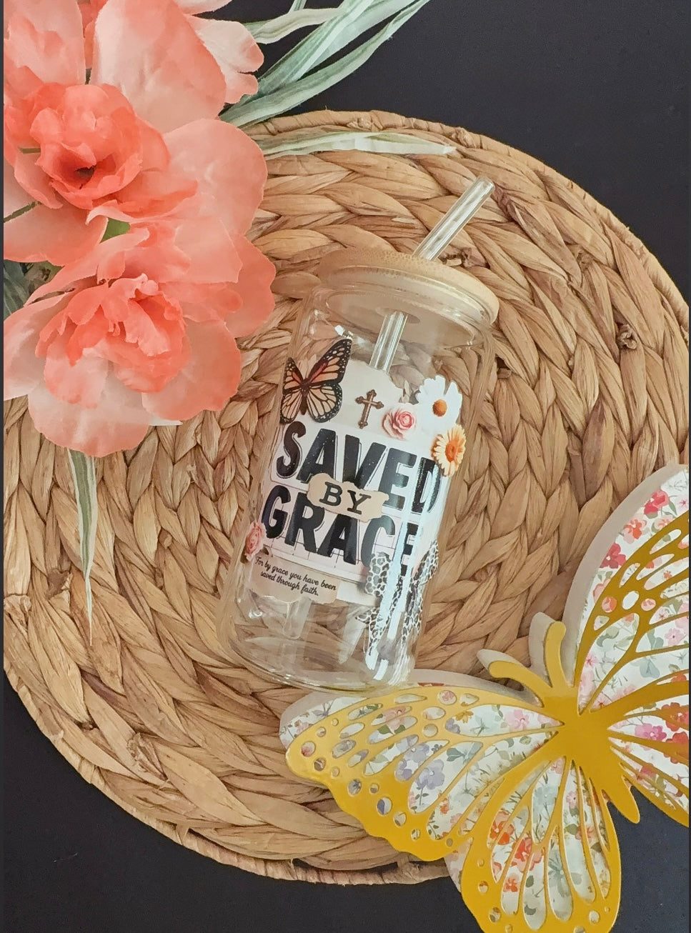 Saved By Grace Glass Cup 16 oz | Aesthetic Drinkware