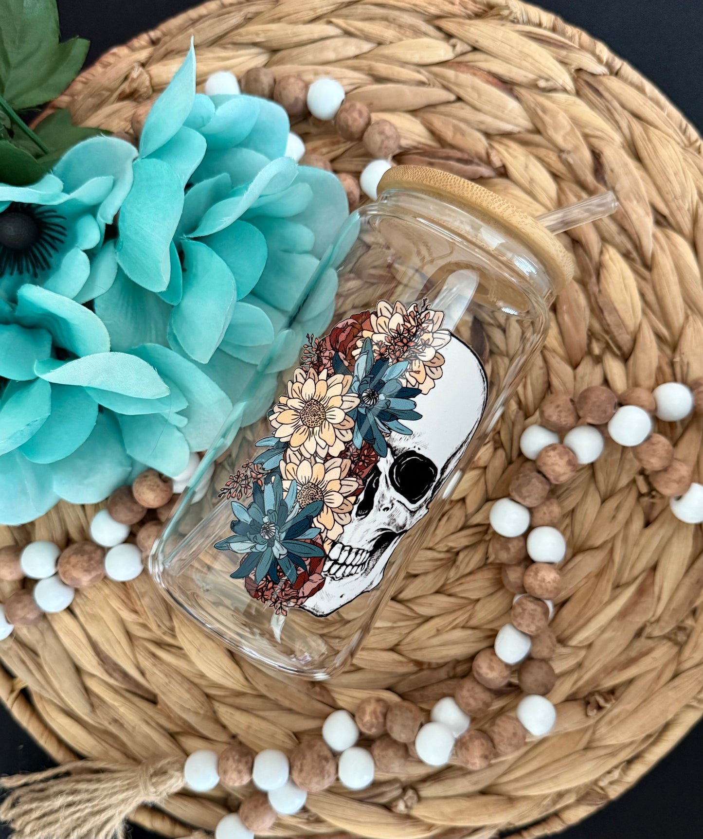 Skull & Flower Glass Cup 16 oz | Aesthetic Drinkware