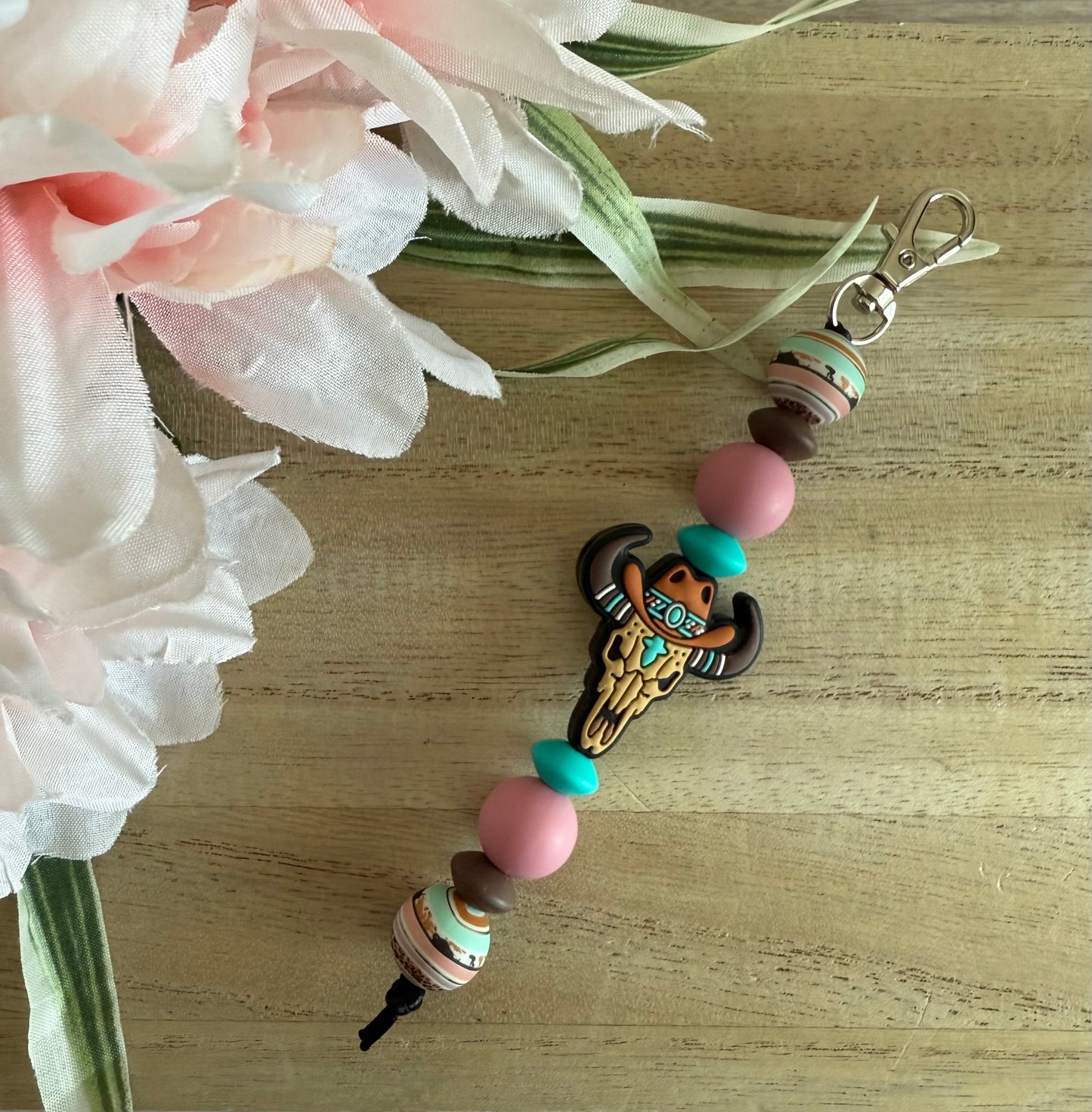 Western Skull with Hat Beaded Keychain