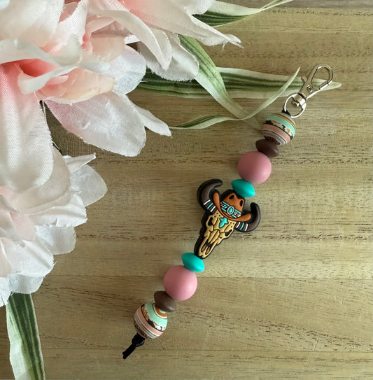 Western Skull with Hat Beaded Keychain