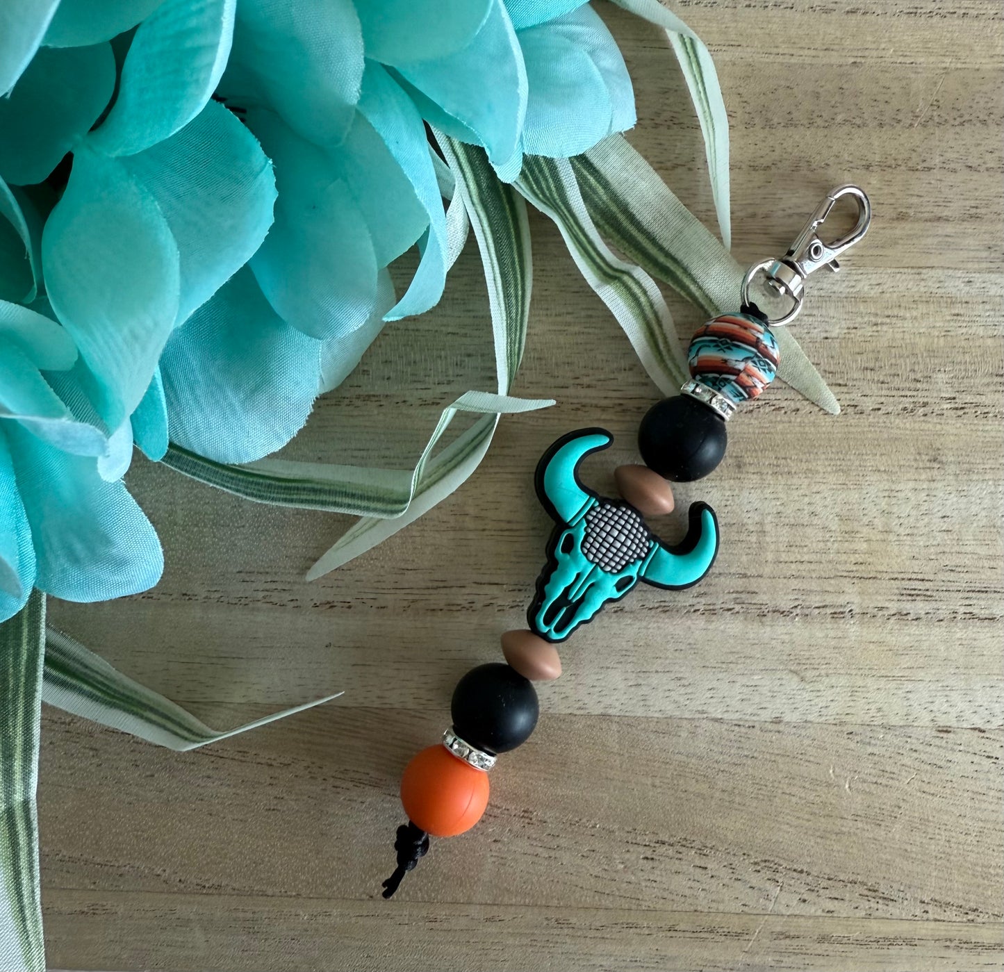 Western Turquoise Skull Beaded Keychain