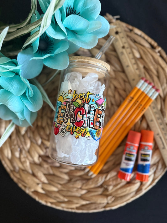 Best Teacher Ever Glass Cup 16 oz | Aesthetic Drinkware