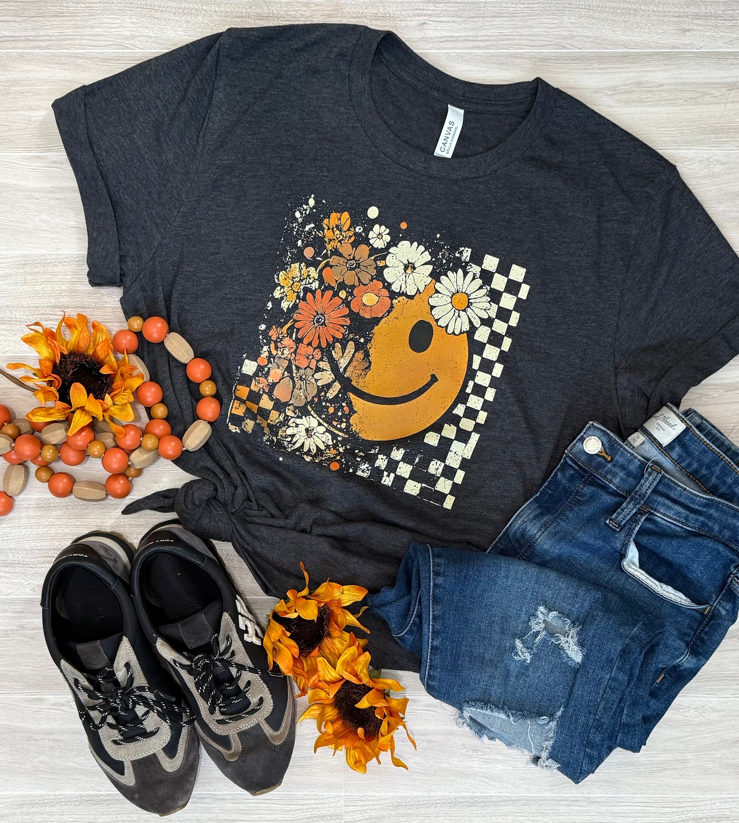 Retro Happy Face with Flowers TShirt
