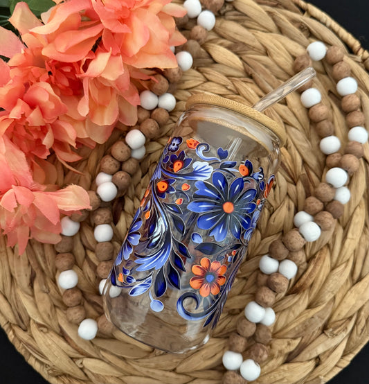 Spanish Floral Tile 16oz Glass Cup | Aesthetic Drinkware